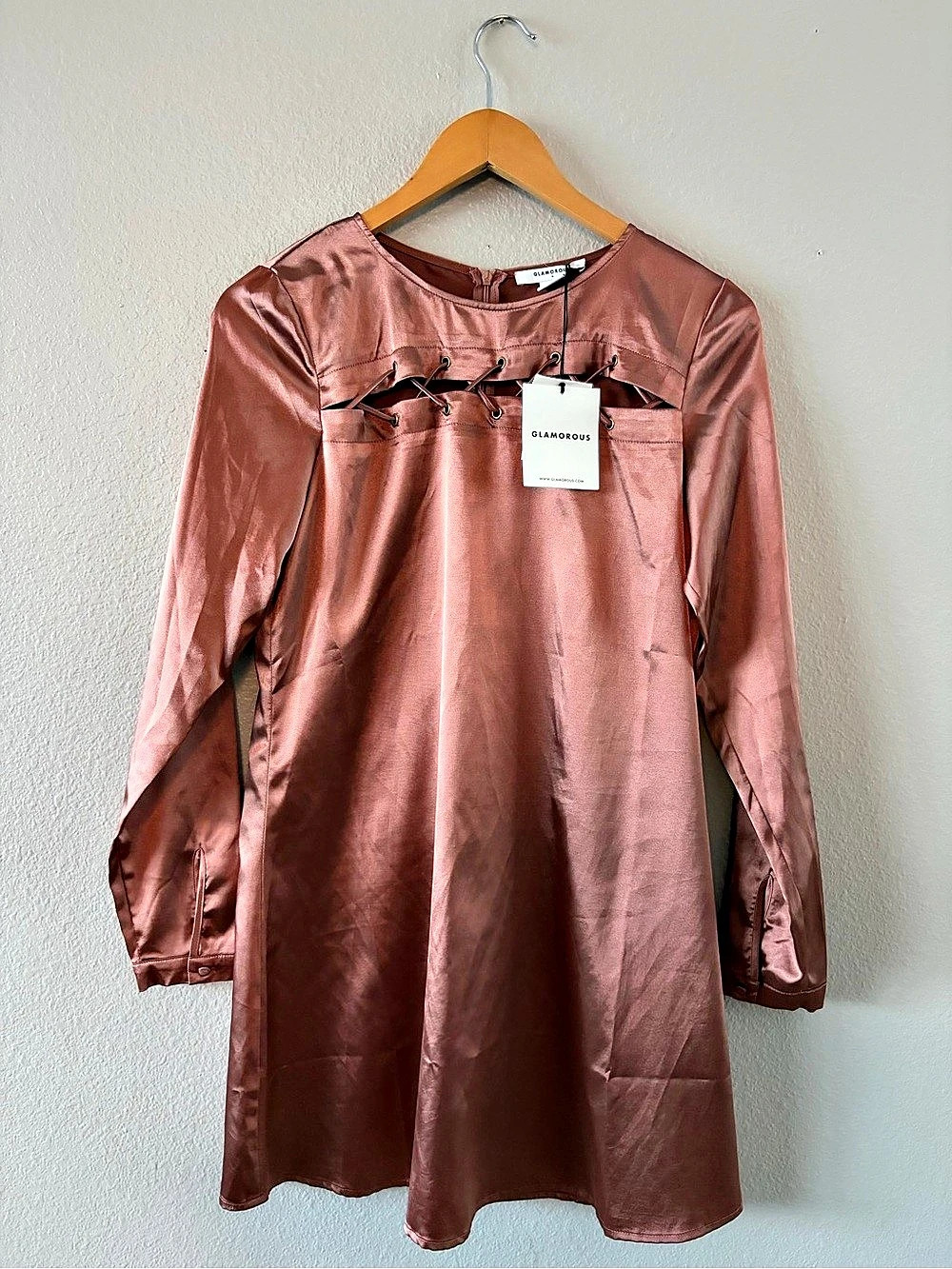 Glamorous New York Satin Long Sleeve Mini Dress rose gold Size Medium NWT